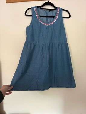 100% Cotton Hand painted Mushroom Blue Denim Sleeveless Sun Dress
